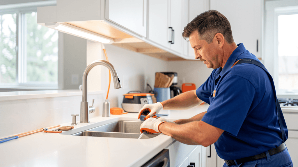 Allied Plumbing technician at work in a residential kitchen