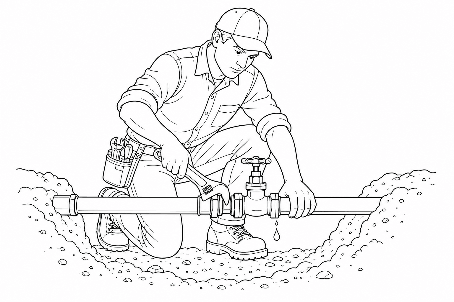 Line drawing of a plumber repairing an exposed water line